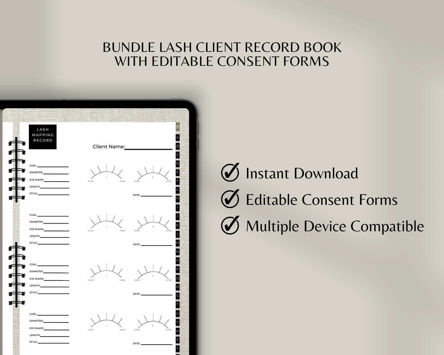 Client Record Book Eyelashes, Modern Lash Client Information Book, Instant Download, GoodNotes Compatible, Instant Download, Consent forms included