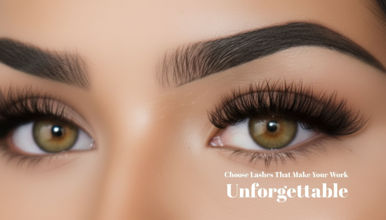 Close-up of eyes with long eyelashes and the text 'Choose Lashes That Make Your Work Unforgettable'.