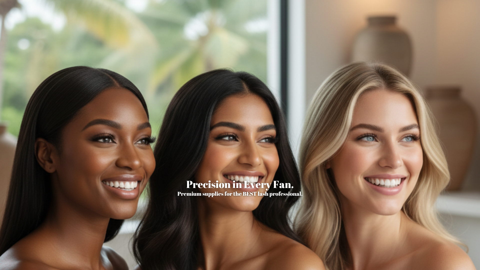 Three women with different lash extensions smiling indoors.