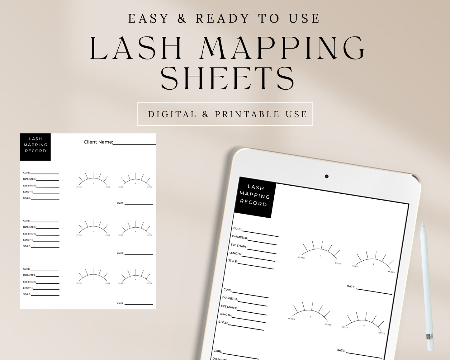 Lash Mapping Record Sheets, Digital and Printable Use, Record Custom Lash Maps