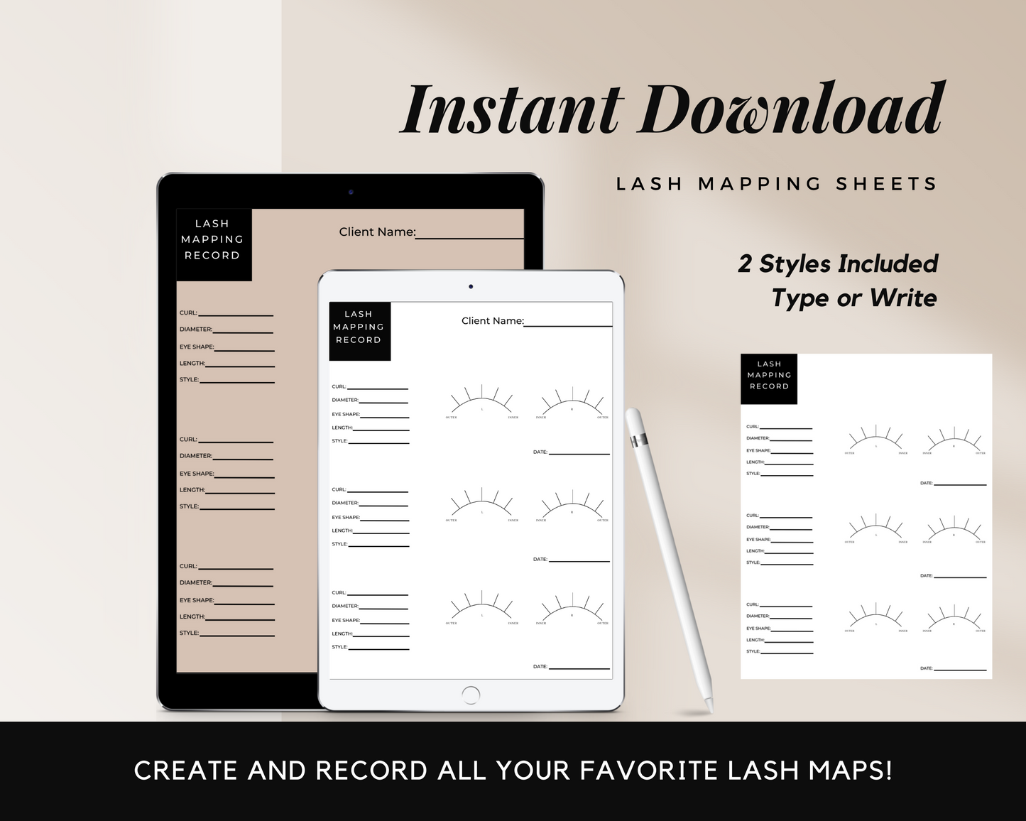 Lash Mapping Record Sheets, Digital and Printable Use, Record Custom Lash Maps